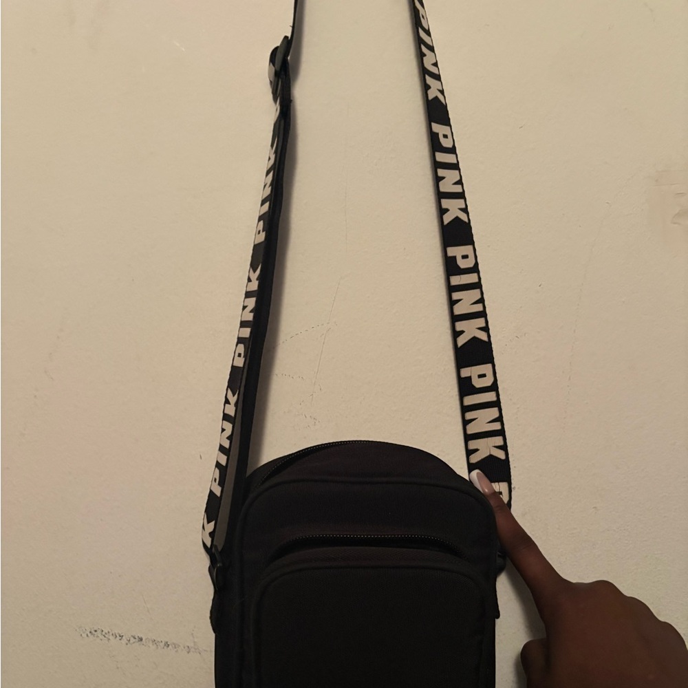 Black Crossbody Bag with Pink Strapc